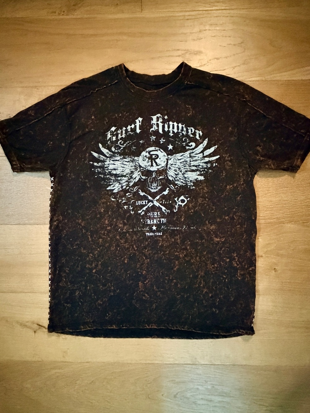 Surf Ripper Y2K Acid Wash Skull Wings Side Cross Stitch Moto T-Shirt XL Black